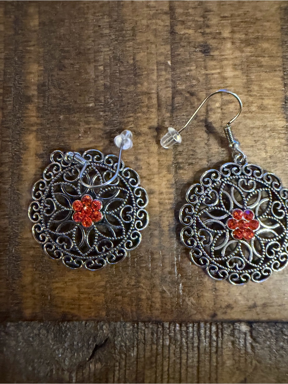 Silver Filigree Drop Earrings with orange Crystal Flower